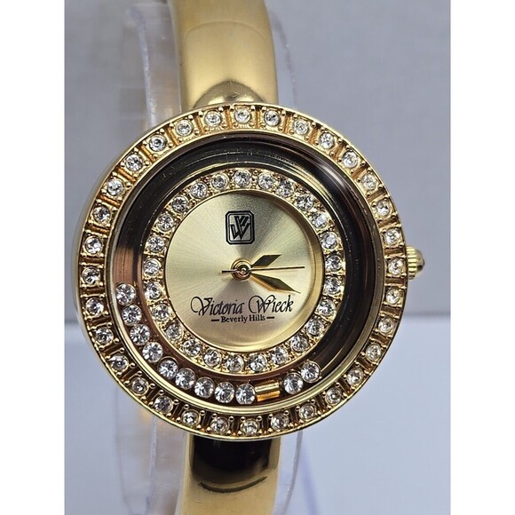 Victoria Wieck Floating Crystal Cuff Watch Gold Womens Bangle Quartz New Battery main image 2